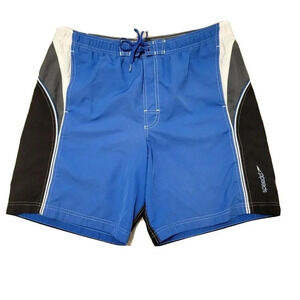 Speedo Swim Trunks Large Men's Blue Black Drawstring Mesh Lined Pockets